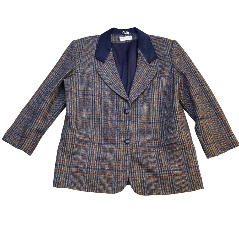 Charles Klein Suit Blazer Jacket Women 12 Blue Lightweight Plaid 2 Button